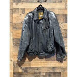 I.O.U Black Leather Bomber Jacket - Mens Size L